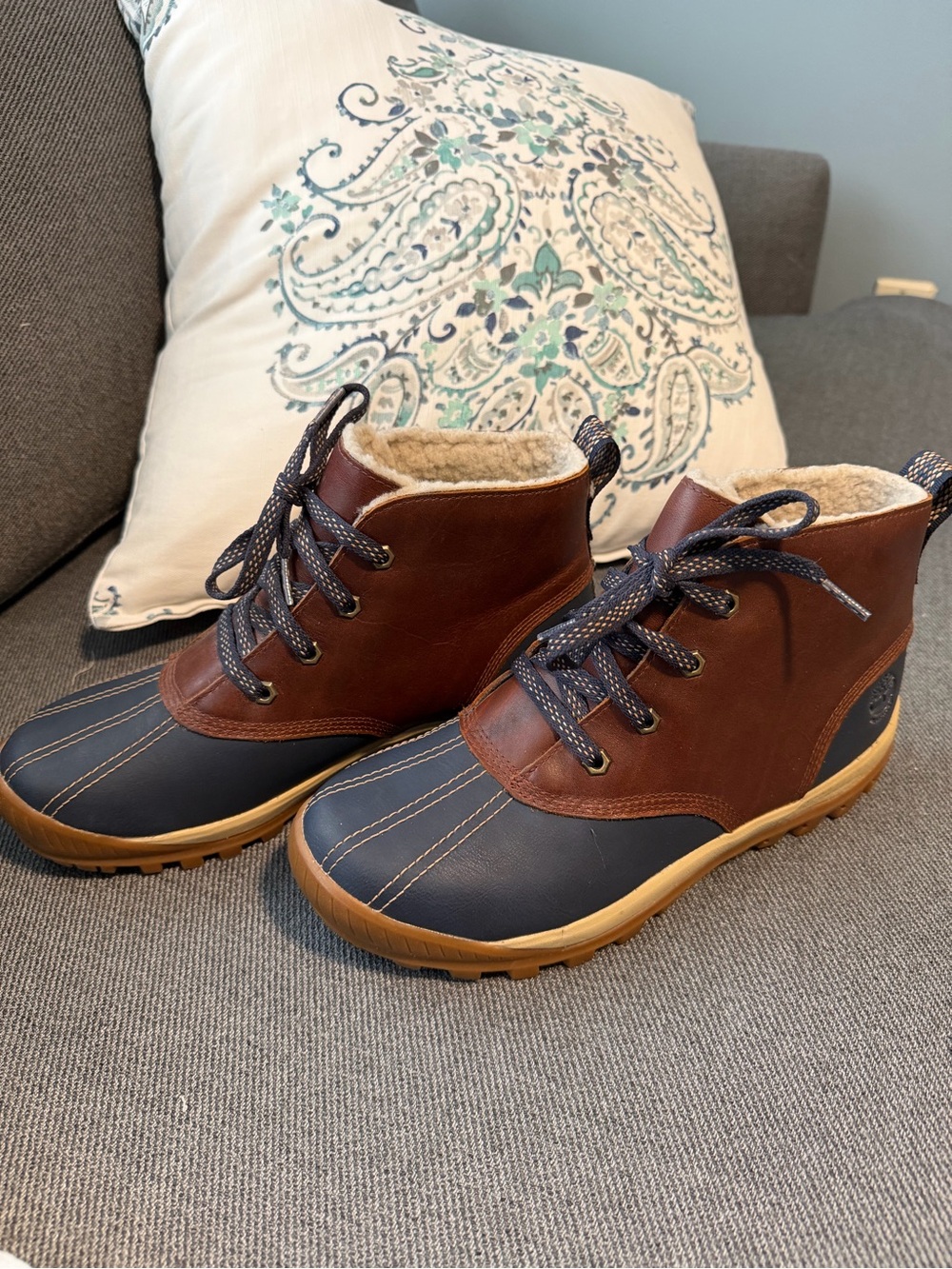 Timberland Brown & Navy Waterproof Duck Boots with Shearling Lining
